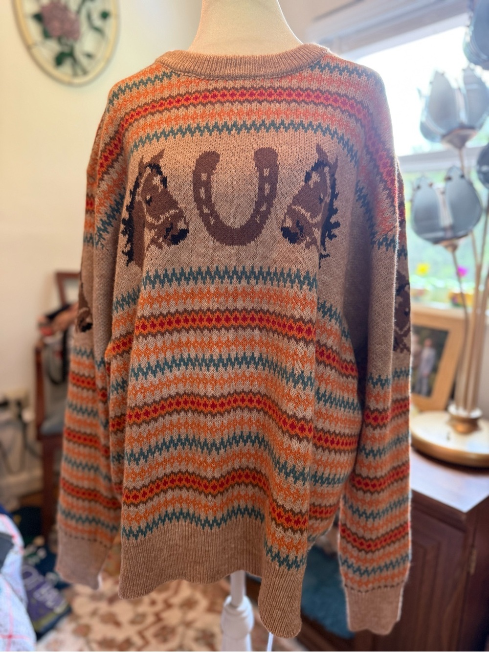 Cozy Horseshoe & Horse Head Fair Isle Sweater - Tan Multi 4xl plus